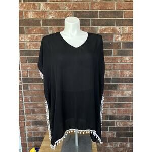 WOMENS ADREAMLY POM POM TRIMMED KAFTAN CHIFFON SWIMSUIT COVER-UP SZ MED Black